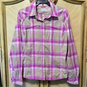 Columbia Pink Lilac Tan Plaid Striped Button Front  Tab Sleeve Shirt Jacket